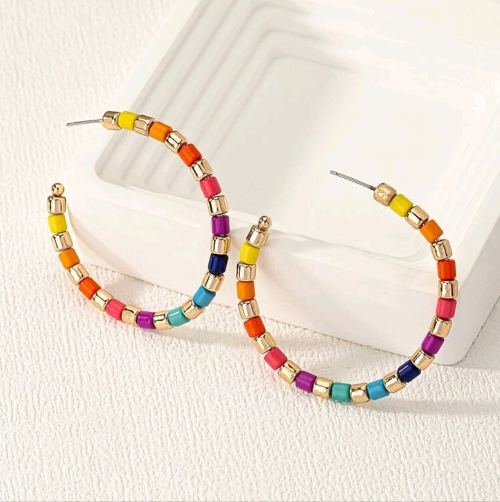 🍉5 for $25* Rainbow Bead Hoop Earrings - Picture 1 of 3